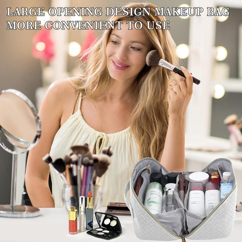 ZAUKNYA Large Capacity Travel Cosmetic Bag - Makeup Bag, Portable Leather Waterproof Women Travel Makeup Bag Organizer, with Handle and Divider Fl...