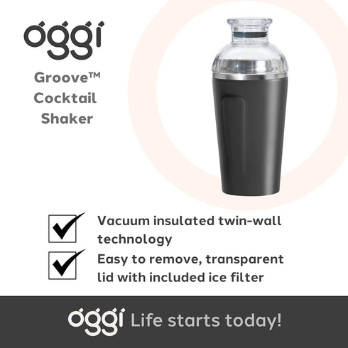 OGGI Groove Insulated Cocktail Shaker-17oz Double Wall Vacuum Insulated Stainless Steel, Tritan Lid has Built In Strainer, Ideal Cocktail Mixer, M...