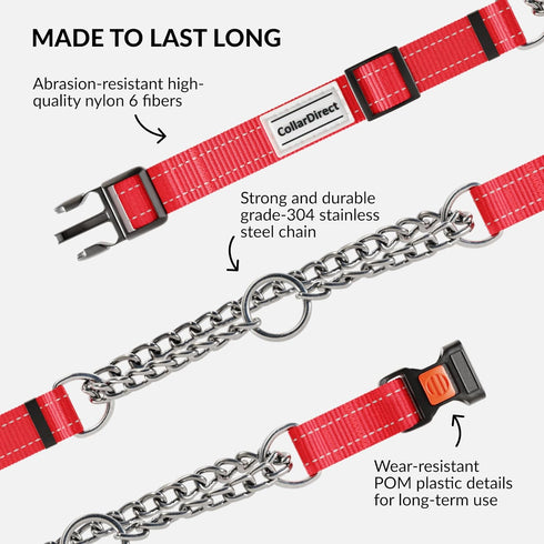 CollarDirect Martingale Dog Collar with Stainless Steel Chain and Quick Release Buckle - Reflective Collar for Large, Medium, Small Dogs - Red, La...