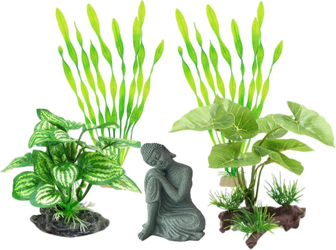 Fish Tank Decorations Set, Aquarium Buddha Statue Decorations and Aquarium Artificial Plastic Plants Set, Betta Fish Tank Accessories Aquarium Pla...