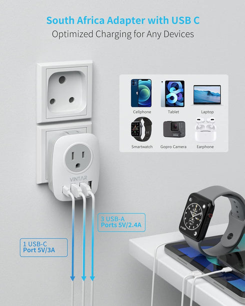 South Africa Power Adapter,VINTAR Type M Plug Adapter with 1 USB C,3 USB Ports and 2 American Outlets,6 in 1 South Africa Travel Plug Adapter for ...