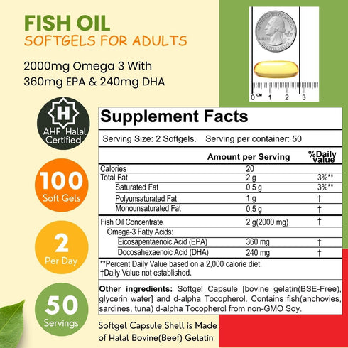 Halal Fish Oil Softgels 100 Ct, Standard Strength - Halal Omega 3 Fish Oil Supplements. Wild Caught, Non-GMO & Purified Fish Oil - Halal Vitamins...