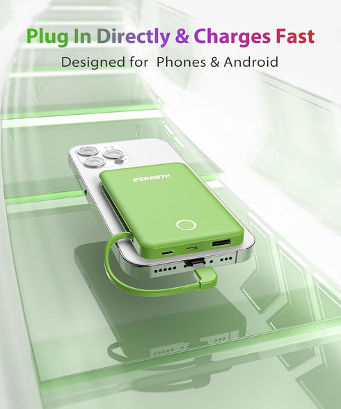 Alongza 6000mAh Small Portable Phone Charger with Built in Cable Lightweight Power Bank USB C Fast Charging External Battery Pack Slim Backup Char...