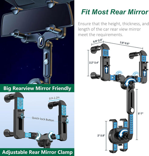 PKYAA Rearview Mirror Phone Holder for Car, 360° Rotating Rear View Mount with Adjustable Arm Length, Upgraded Four Corners Fixed Anti-Shake Multi...