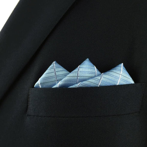 S&W SHLAX&WING Large Mens Pocket Square Blue Azure Checkered for Suit Silk...