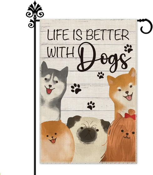 Life is Better with Dogs Husky Shiba Inu Garden Flag, 12 x 18 Inch Double Sided Holiday Yard Outdoor Farmhouse Flag, Garden Flag with Dog, Dog Lov...
