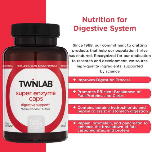 Twinlab Super Enzyme Caps - Constipation Supplement with Digestive Enzymes - 50 Capsules...