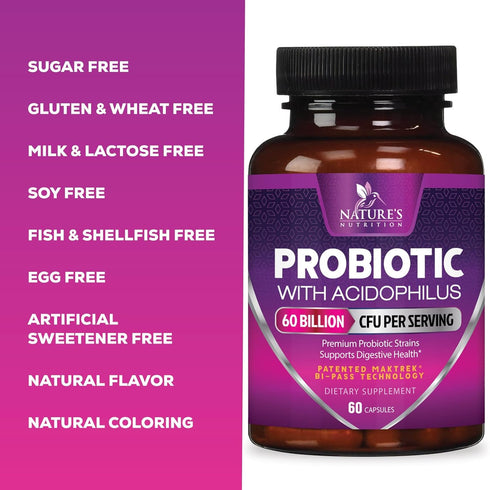 Probiotics, 60 Billion CFU per Serving, Probiotic with Prebiotics for Digestive & Immune Health Support for Women & Men - Nature's Supplement is S...