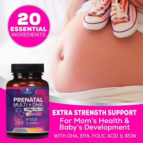 Women's Prenatal Multivitamin with Folic Acid + DHA, Prenatal Vitamin Supplement for Fetal Support w/ Folate, Omega 3, Vitamins D3, B6, B12 & Iron...