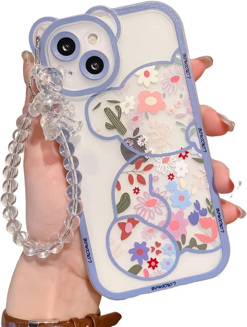 Case for iPhone 11 Pro Max with Cute Flowers Bear Pattern, Camera Protector, Clear Case and Lovely Strap Bracelet Chain for Girls Women, Compatibl...