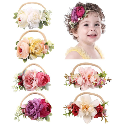 Cinaci 6 Pack Delicate Rose Flower Nylon Headbands Floral Bows Headband Super Stretchy Hair Bands Fancy Headpieces Tiara Crown Accessories Bulk fo...