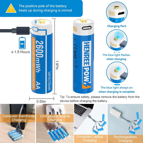Henreepow 1.5V AA Lithium Rechargeable Batteries, High Capacity 2600mWh(1700mAh) Double A Lithium ion Rechargeable Battery, 1200 Cycles with 4 in ...
