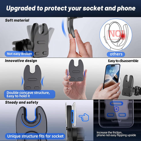 Socket Car Mount for Dashboard Air Vent Windshield,Car Phone Holder for Socket Grip with 2 Mounts,3 in 1 Stable Air Vent Clip Powerful Suction Cup...