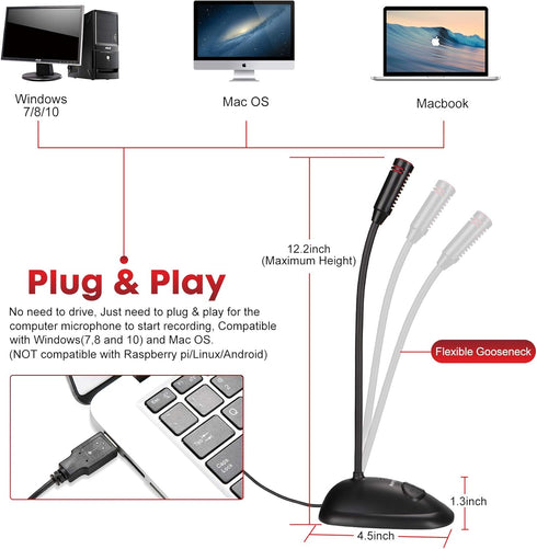USB Computer Microphone, Plug&Play Cardioid Condenser PC Laptop Mic, On/Off and Mute Buttons with LED Indicator, Compatible with Windows/Mac, Idea...