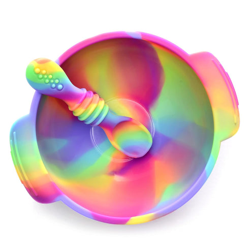Unbreakable Silicone Non-Slip Bowl and Chew Spoon Set for Babies and Toddlers (Rainbow Swirl)...