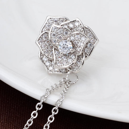 Silver Tone Crystal Rose Flower Brooches Pins with Chain Tassel Collar Lapel Pin Sweater Guard Clip Pin...