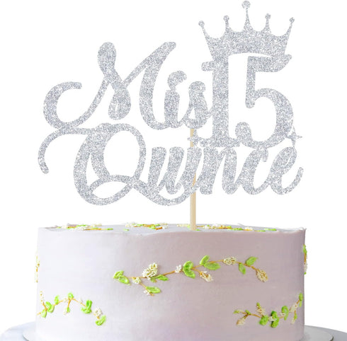 Mis Quince 15 Cake Topper, Cheers to 15 Years, 15th Birthday Cake Decor, Happy 15th Birthday Decorations Silver Glitter...
