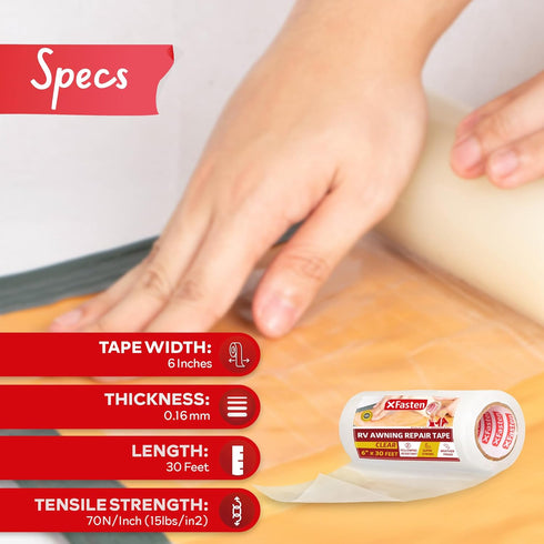 XFasten RV Awning Repair Tape, 6-Inch by 30-Foot, Waterproof Rip Stop Patch for Vinyl, RV punctures, Camper, Awning, Canopy, Tents, Tarpaulin and ...