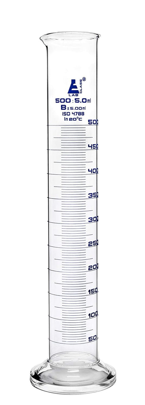 EISCO Graduated Cylinder, 500ml - Class B Tolerance ±5.00ml - Round Base - Blue Graduations - Borosilicate 3.3 Glass...