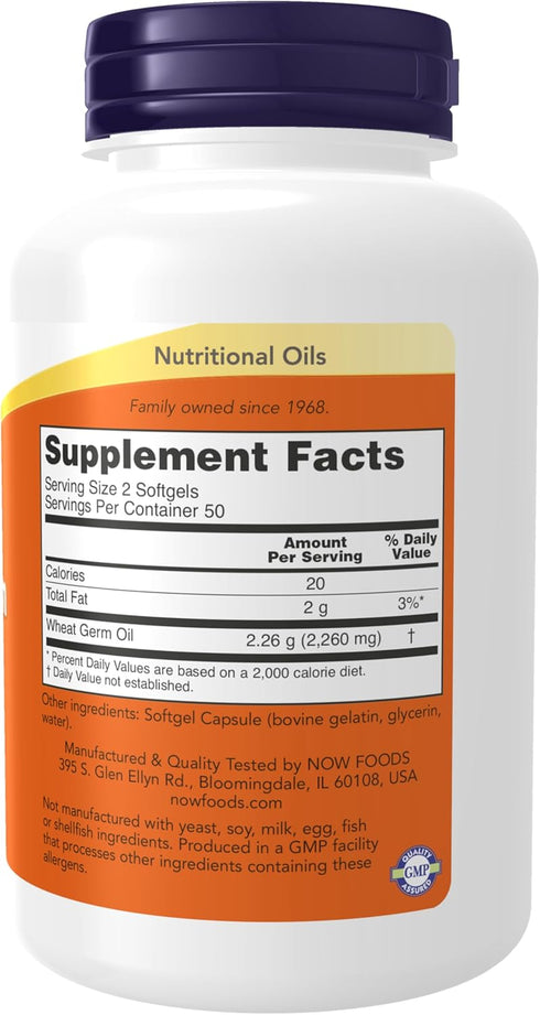 NOW Supplements, Wheat Germ Oil 1,130 mg with Essential Fatty Acids (EFAs), Nutritional Oil, 100 Softgels...