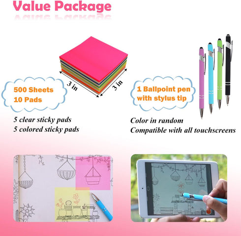 Transparent Sticky Notes, 500 Sheets, 10 Pads, 3x3 in, with a Stylus Ballpoint Pen, See Through Translucent Sticky Notes Set, Multicolored & Clear...