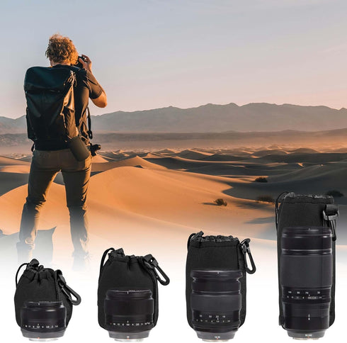 4pcs Camera Lens Bag, 4 Sizes Drawstring Lens Pouch with Thick Protective Neoprene Black Camera Lens Case Bag for Canon, Nikon, Sony, Pentax (Smal...