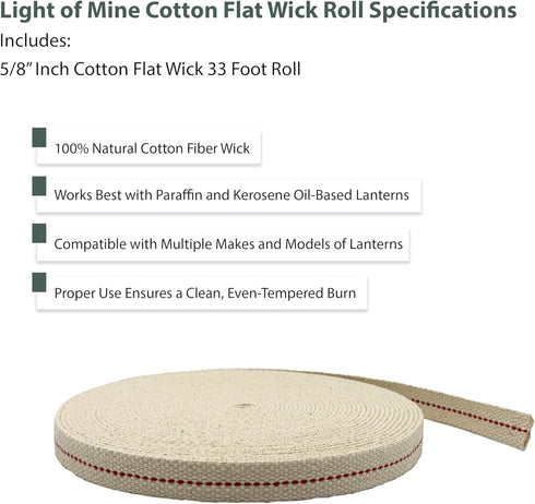 Light of Mine - 5/8" Inch 33' Foot, 100% Cotton Flat Wick for Paraffin Oil, Kerosene Based Lanterns, and Oil Lamps with Genuine Red Stitch (5/8" -...