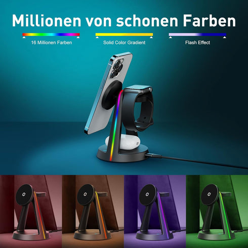 2024 Version RGB 3 in 1 Wireless Charging Station for iPhone Apple Watch AirPods Multiple Devices, Magnetic Wireless Charger Dock, Travel Charger ...