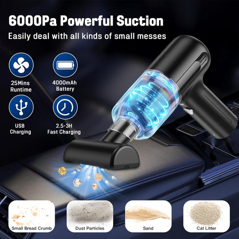 Mini Car Vacuum Cleaner, Handheld Vacuum Cordless,2 in 1 Rechargeable Vacuum Cleaner & Blower,Small Car Vacuum with 6000Pa Suction Power,Dust Bust...