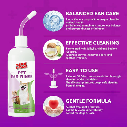 MEIQIHOME Ear Cleaner for Dogs and Cats-Soothes Ear Inflammation, Removes Wax and Odor, Includes 50 Cotton Swabs, 4 Fl oz, Cleaner for Dogs...