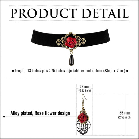 RareLove Red Rose Teardrop Gothic Lolita Velvet Choker Necklace and Dangle Earrings Jewelry Set Halloween Costumes for Women Accessories...