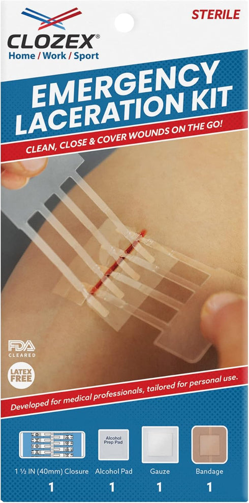 Clozex Emergency Laceration Kit - Repair Wounds Without Stitches. FDA Cleared Skin Closure Device for a Wound Up to 1 1/2 Inches in Length. Comple...