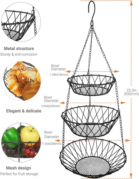 3 Tier Hanging Basket with Sturdy Metal Chain Hanging Hooks Fruit and Vegetable Basket Heavy Duty Wire Organizer Space Saving Rustic Country Style...
