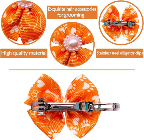 PET SHOW Bowknot Dog Hair Bows with French Barrette Clips Pet Puppies Yorkie Teddy Grooming Hair Accessories Pack of 10 (Paw Bone Printed)...