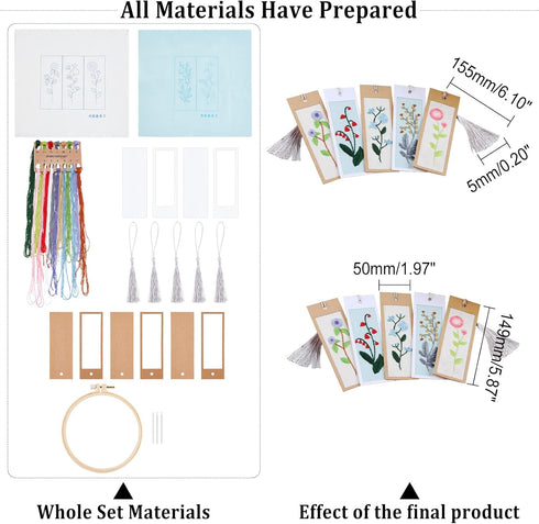AHANDMAKER Embroidery Bookmark Set, Floral Plant Stamped Embroidery Bookmark for Starter Adults DIY Counted Cross Stitch Kit with Needle Tassel Ca...