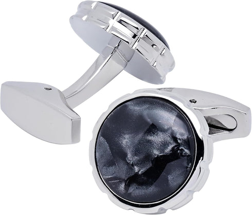 Black Obsidian Stone Round Men's Cufflinks In Gift Case Silver Natural Gemstone Cufflinks for Men Jewelry for Wedding Party Business Birthday Anni...
