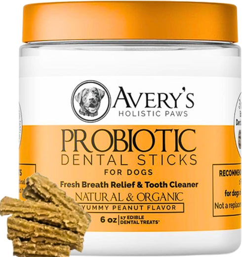 Avery's Holistic Paws Probiotic Dental Stick Treats for Dogs - 23 Peanut Butter Edible Dog Chews, 3 Inches Each - Natural & Organic Dog Chew Stick...