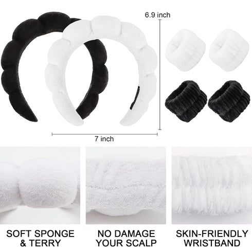 6Pcs Sponge Spa Headband for Washing Face Black Skincare headband Face Wash Headband White Makeup Headband and Wristband Set for Face Washing Wome...
