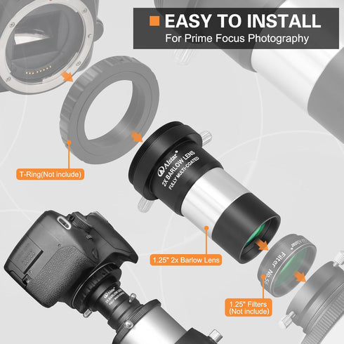 Alstar 1.25" 2X Barlow Lens MultiCoated Metal with M42x0.75 Thread Camera Interface for Telescopes...