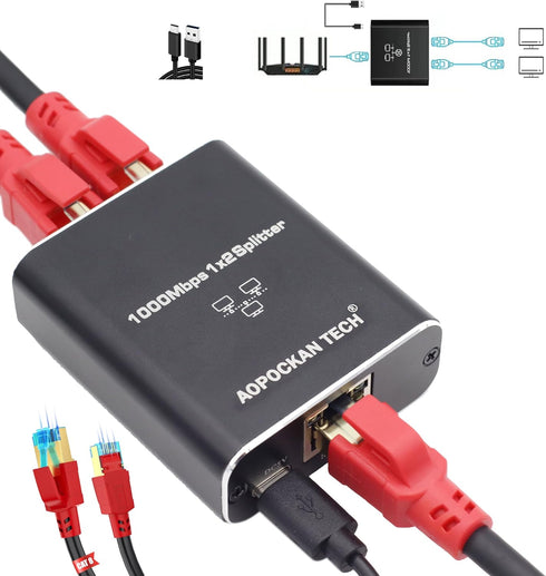 Ethernet Splitter 1 to 2,Gigabit Ethernet Splitter 1000Mbps High Speed with Cat8 Ethernet Cable 1.5ft,LAN RJ45 Splitter with USB Power Cable for C...