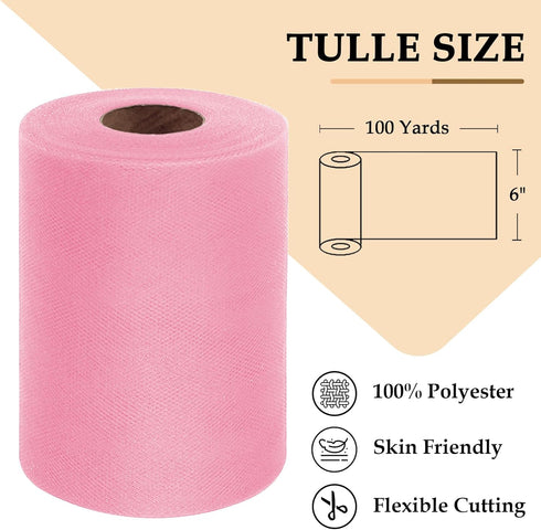 Pink Tulle Fabric Roll 6 Inch by 100 Yards (300 feet) Sheer Netting Spool for Tutu Skirt Gift Wrapping Wedding Valentine's Day Baby Shower Party D...