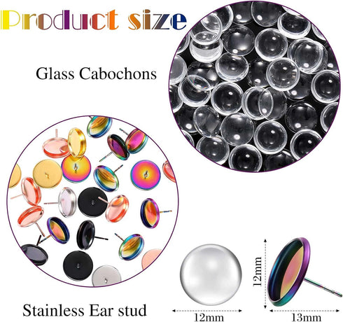 200 Pieces Stud Earring Kit, Including 50 Pieces 12 mm Stainless Steel Blank Stud 50 Rubber Back, 50 Pieces 12 mm Clear Glass Cabochons 50 Stainle...