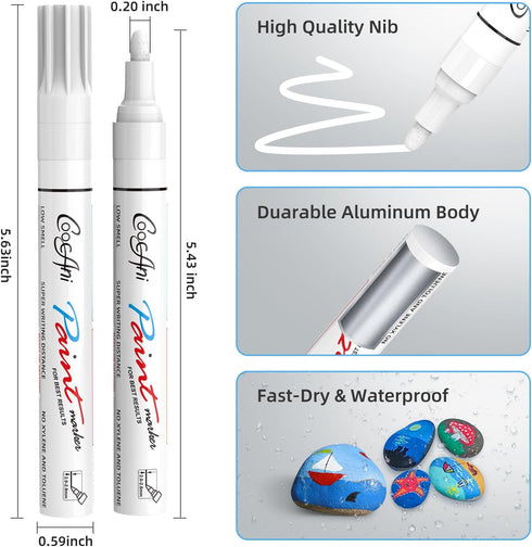 White Paint Pens Paint Markers, 2 Pack Oil Based Permanent Markers With 2-3mm Medium Point Tip For Rock Painting, Wood, Plastic, Metal, Canvas, Mu...
