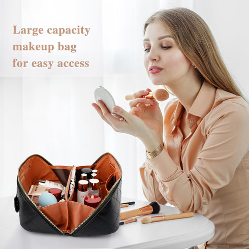 Travel Makeup Bag, 4L Large Capacity Cosmetic Bags for Women and Girls, Portable Makeup Organizer with Divider and Handle, PU Leather Waterproof M...
