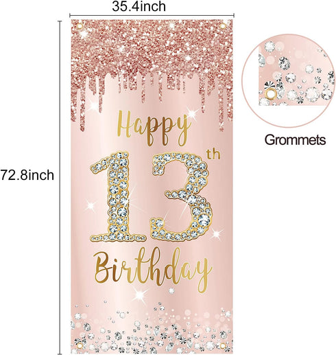 Happy 13th Birthday Door Banner Backdrop Decorations for Girls, Pink Rose Gold 13 Birthday Party Door Cover Sign Supplies, Thirteenth Year Old Bir...