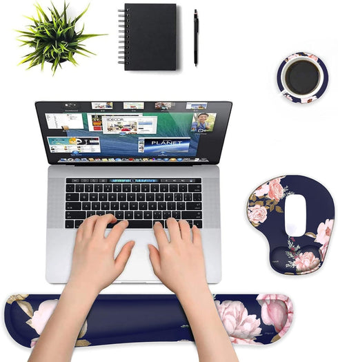 MOSISO Wrist Rest Support for Mouse Pad&Keyboard Set, Curved Peony Ergonomic Mousepad&Coaster Non-Slip Base Home/Office Pain Relief&Easy Typing Cu...