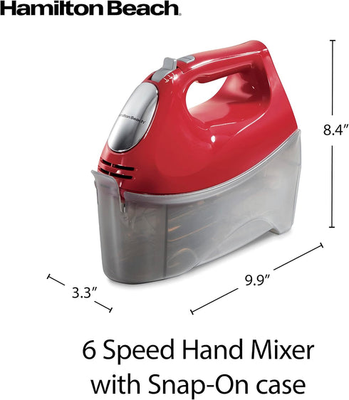 Hamilton Beach 6-Speed Electric Hand Mixer with Whisk, Traditional Beaters, Dough Hooks, Snap-On Storage Case, 275 Watts, Red...
