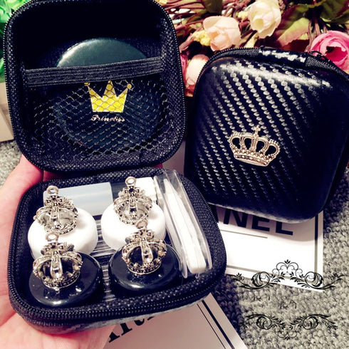 2 pack- Fashion Contact Lens Case Cute Crown Black White Leak Proof - Portable Box Kit with Mirror (2 pack - Crown)...
