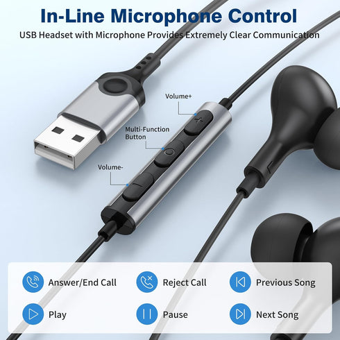 USB Headphones with Microphone for PC USB A Earbuds for PS5 Computer 2.3M Cord Magnetic in-Ear Headset Audio Control Mute Function for Laptop Desk...