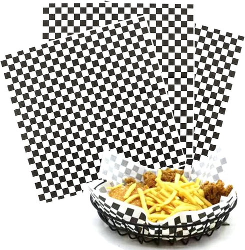 100 Sheets Checkered Dry Waxed Deli Paper Sheets, Paper Liners for Plastic Food Basket, Wrapping Bread and Sandwiches (Black)...